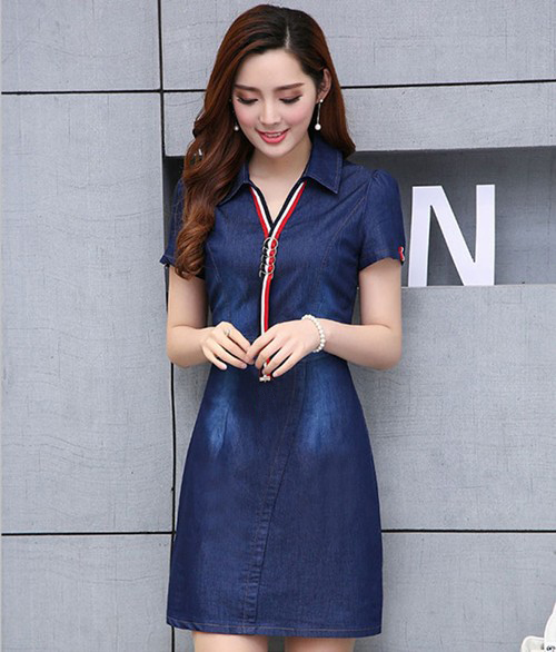 ĐẦM JEAN BODY CỔ SƠ MI PHỐI VIỀN SỌC